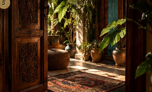 Botanical atmosphere with warm light and carved wood