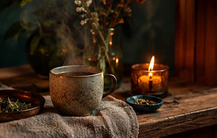 A ceramic cup of tea, candlelight, and botanicals
