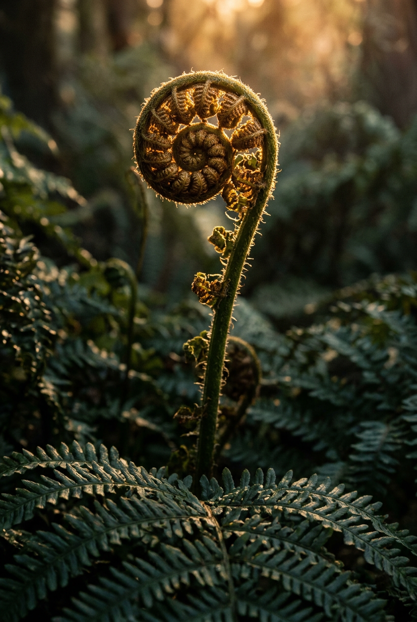 Sunlight catching the unfurling fronds of a fern
