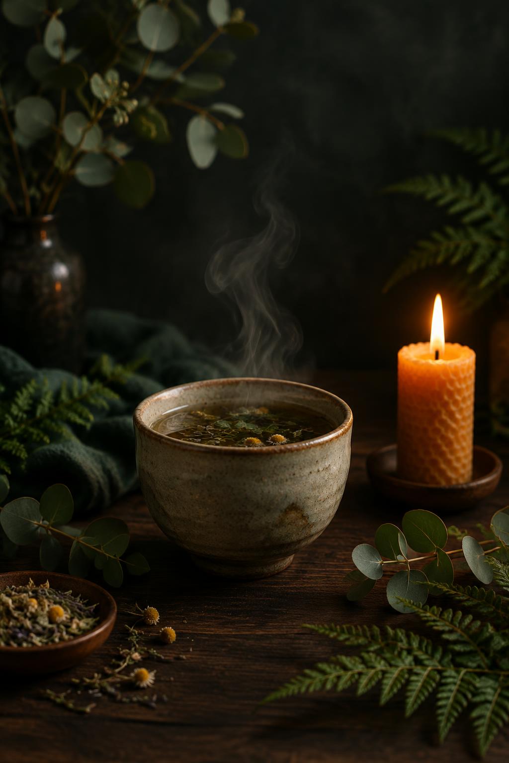 A ceramic cup of tea, candlelight, and botanicals